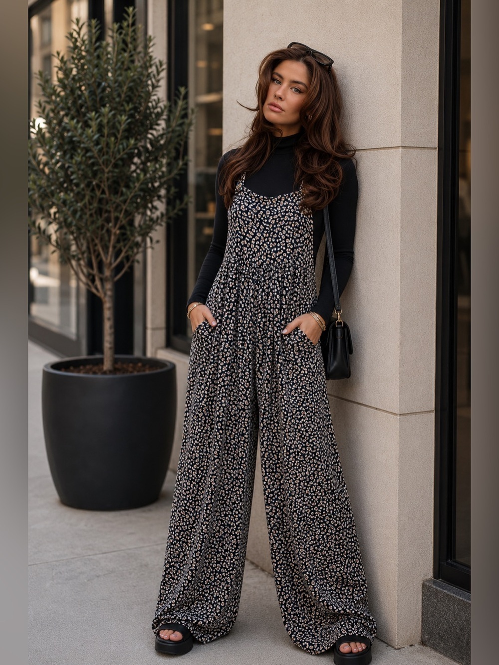 JODIFL Leopard Print Wide Leg Overall Jumpsuit Oversized Slouchy Fit w/ Pockets